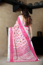 Prime Volt Linen Cotton Pink Printed Saree with Contrast Zari Border and Designer Blouse - Distacart