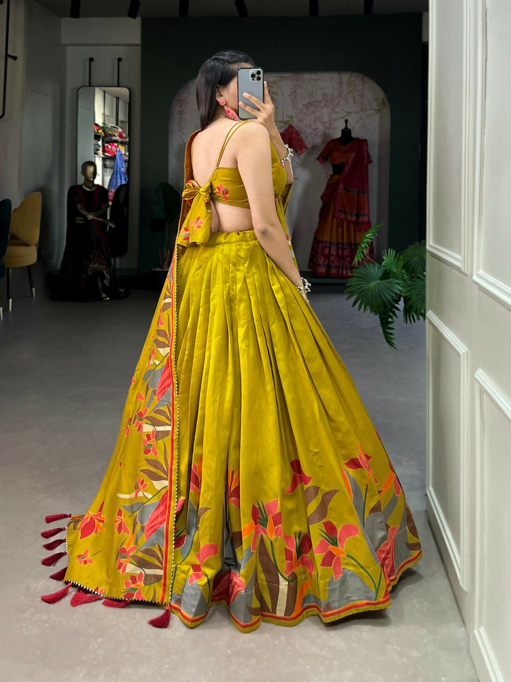 Vastranavya Fancy Floral Print With Foil Work Polyester Viscose Chanderi Lehenga Choli - Mustard