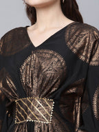 Ahalyaa Women Black Crepe Copper Foil Printed Flared Sleeve Kaftan Kurta - Distacart