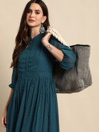 Janasya Teal Dobby Weave Kurta - Distacart