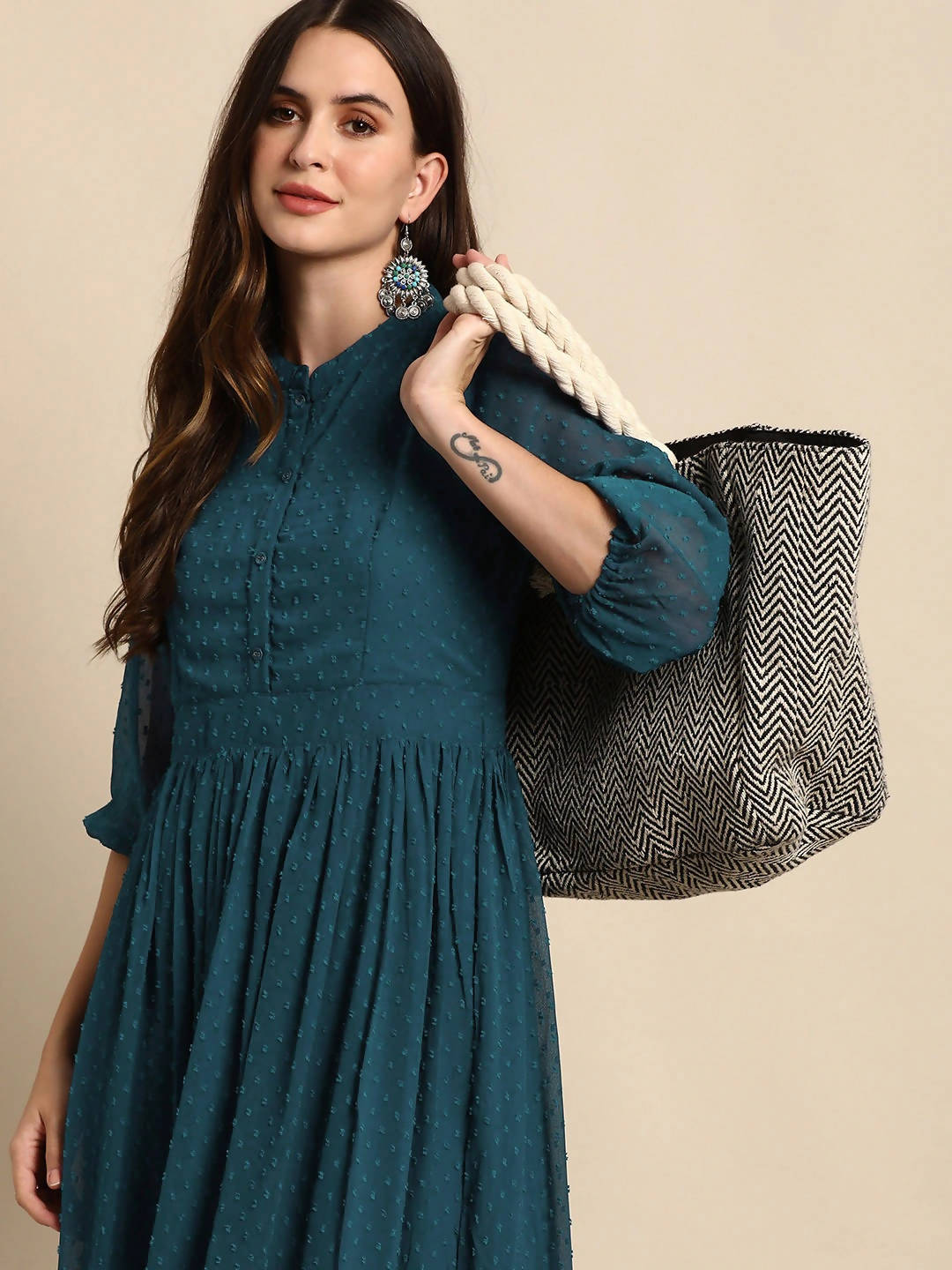 Janasya Teal Dobby Weave Kurta - Distacart