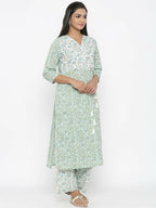 Miravan Women's Floral Jaipuri Cotton Kurta Palazzo With Tassel Set