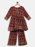 Ahalyaa Maroon Rayon Printed Kurta Palazzo Sets for Kids For Girls