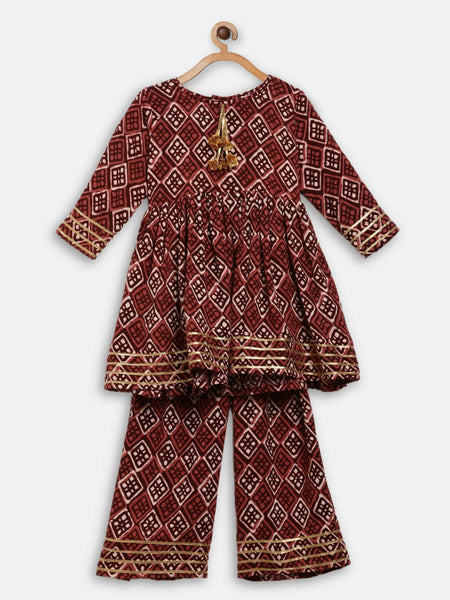 Ahalyaa Maroon Rayon Printed Kurta Palazzo Sets for Kids For Girls