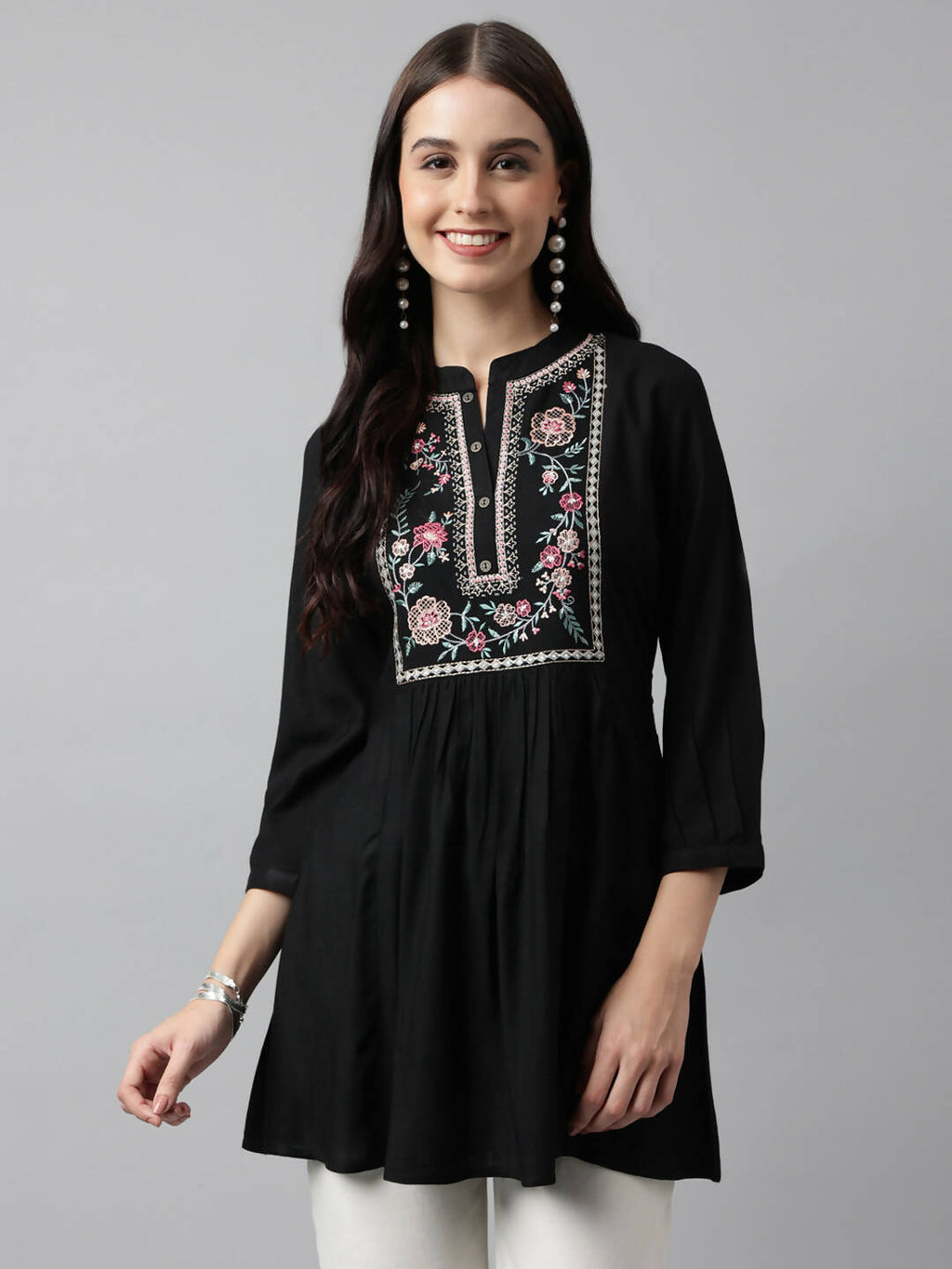 Black Rayon Yoke Embroidered A-line Top - Tarini