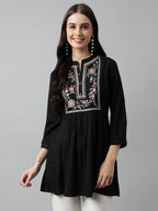 Black Rayon Yoke Embroidered A-line Top - Tarini