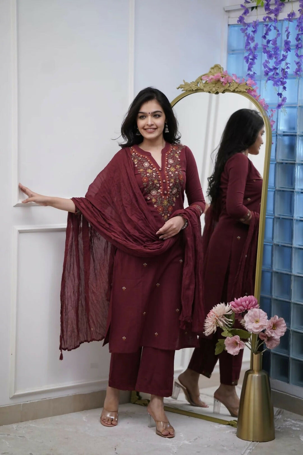 The52 Women's Beautiful Rayon Slub Fabric Thread Work Straight Kurta Pant and Dupatta Set - Distacart