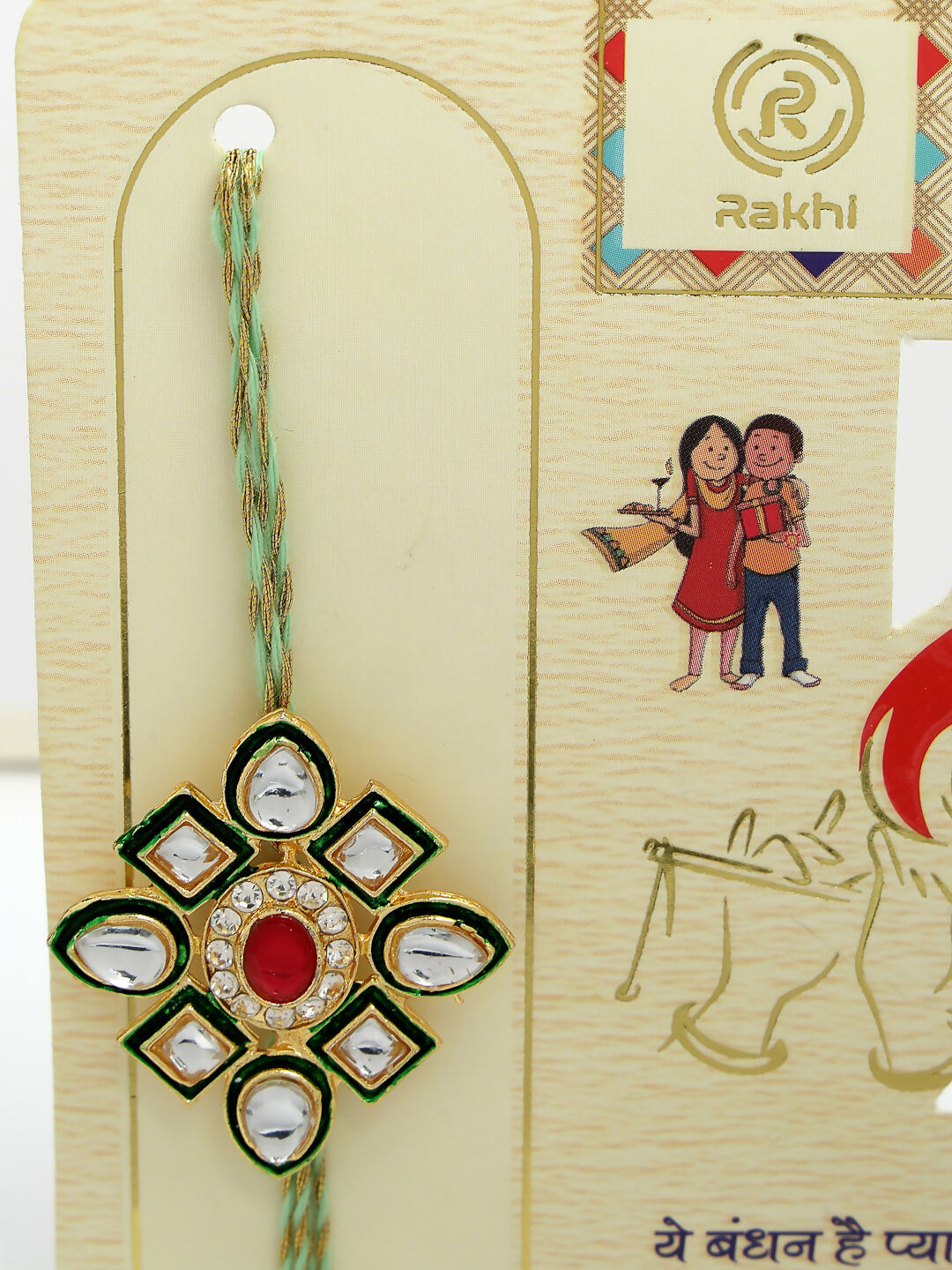NVR Women & Men Set of 2 Gold Kundan-Studded Handcrafted Wraparound Rakhi Set With Roli Chawal & Chocolate - Distacart