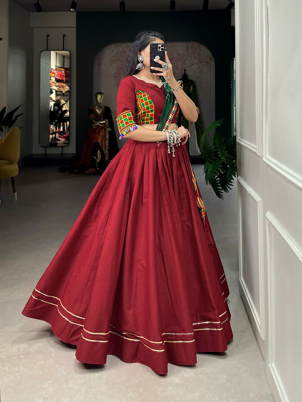 Vastranavya Navaratri Special Pure Cotton Plain With Gotta Patti Touch Up Lehenga Stitched Choli - Maroon