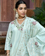 Vaasva Women's Tissue Silk Emboidered Suit Set With Solid Pant & Solid Embroidered Dupatta
