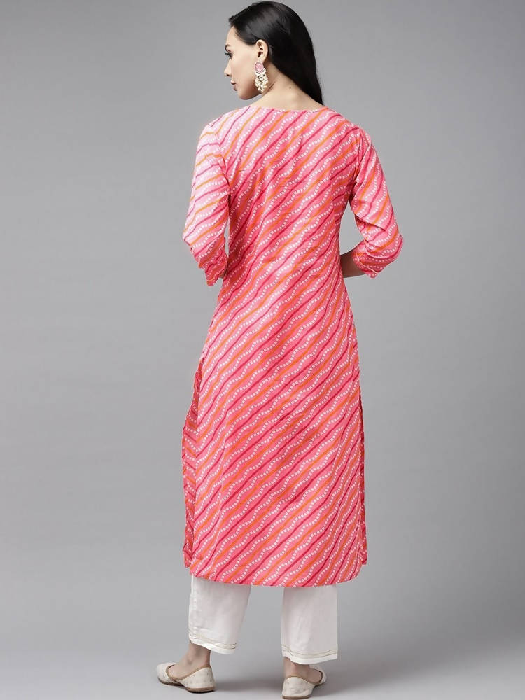 Yufta Women Pink Bandhani Yoke Design Regular Sequined Pure Cotton Kurta with Palazzo