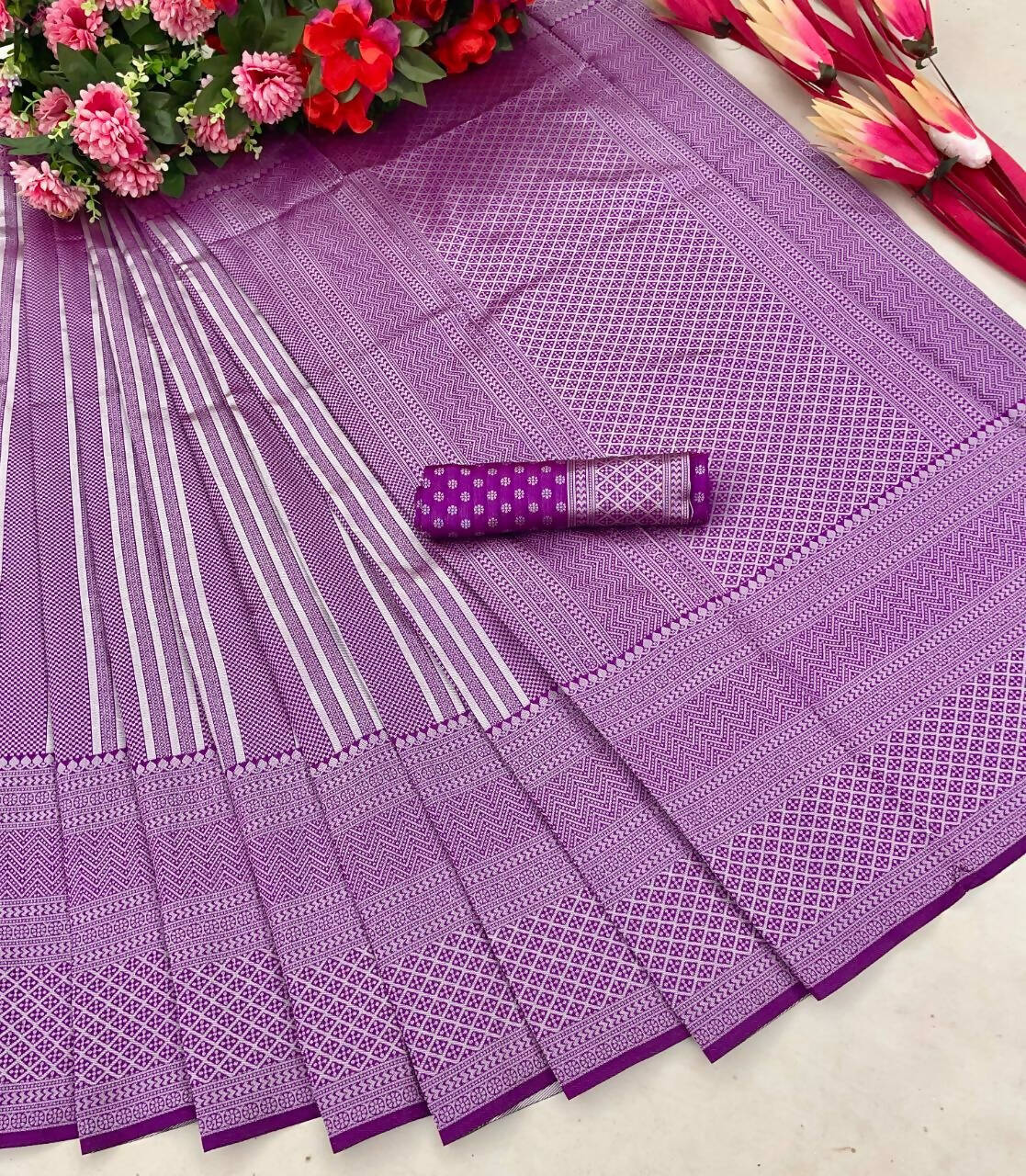 DEIANA'S Beautiful Designer Golden zari Soft Lichi Silk Saree - Purple