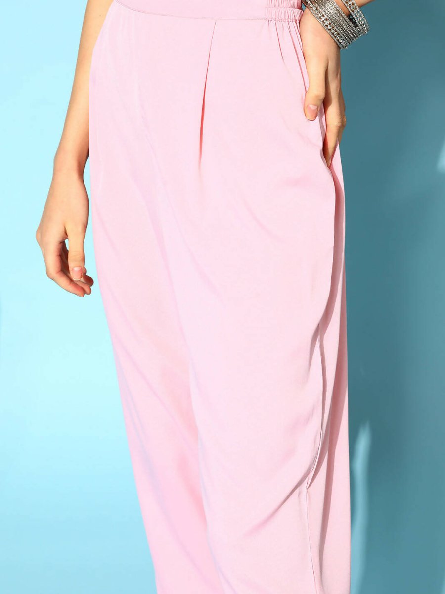 Ahalyaa Women Pastel Pink Colour Organza Glitter Printed Kurta Pant Set With Dupatta - Distacart