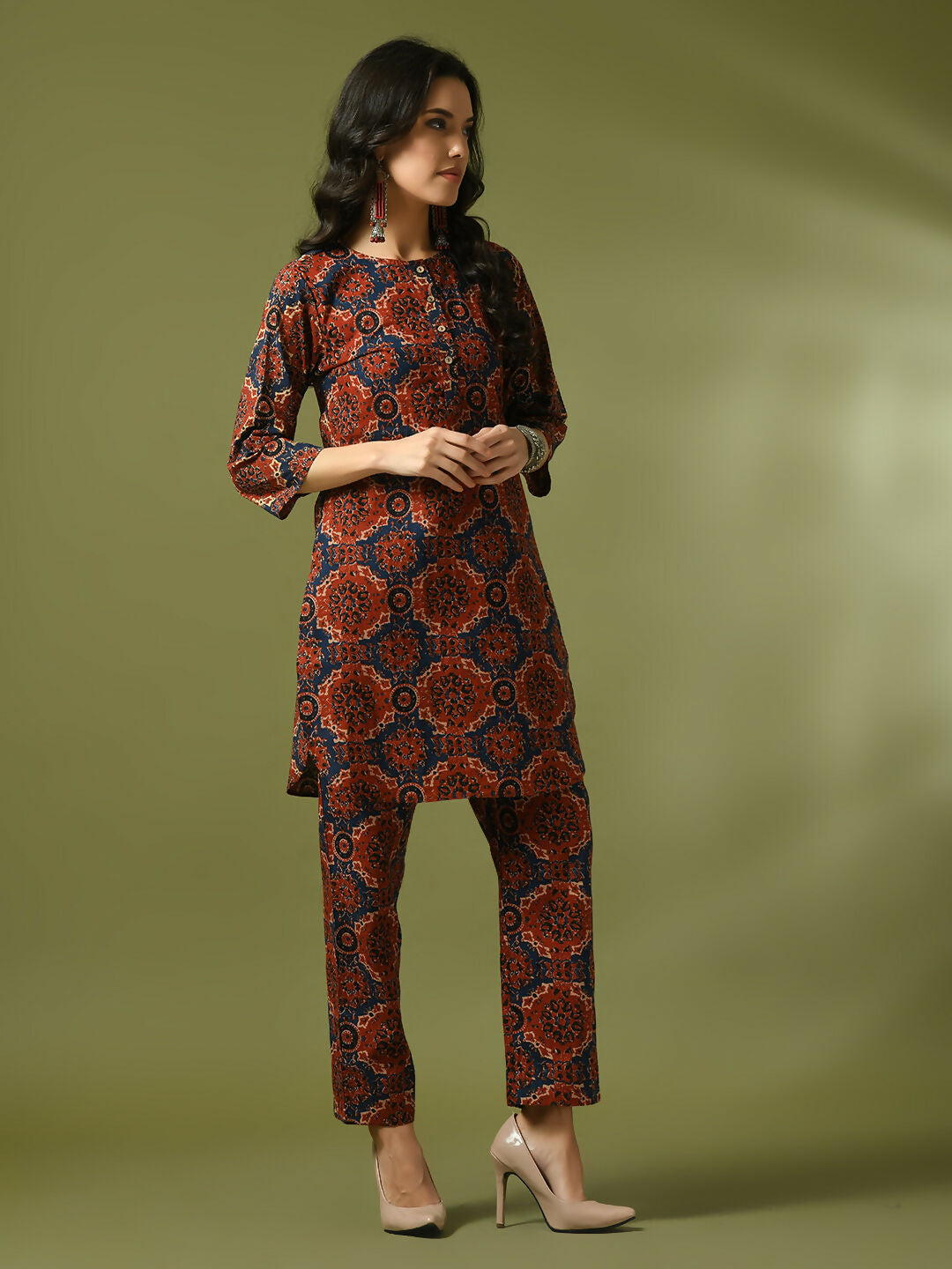 Myshka Women's Multi Printed Cotton Round Neck Party Tunic With Trousers Co-ord set