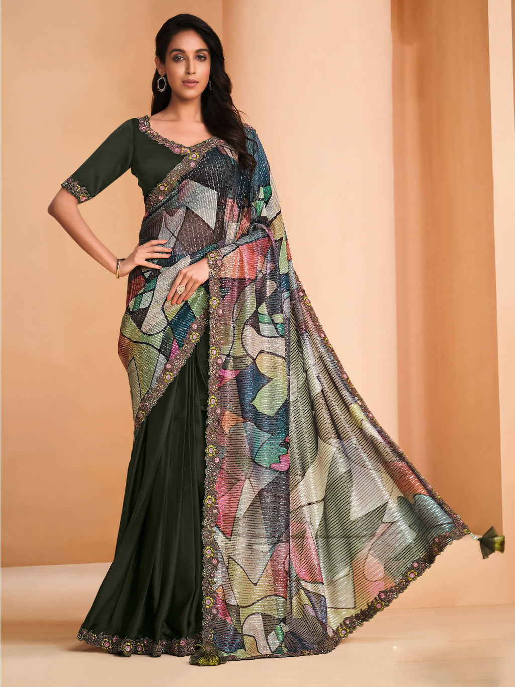Green Satin Crepe Silk Sequence Embroidered Saree With Unstitched Blouse - Mohmanthan Yavanika
