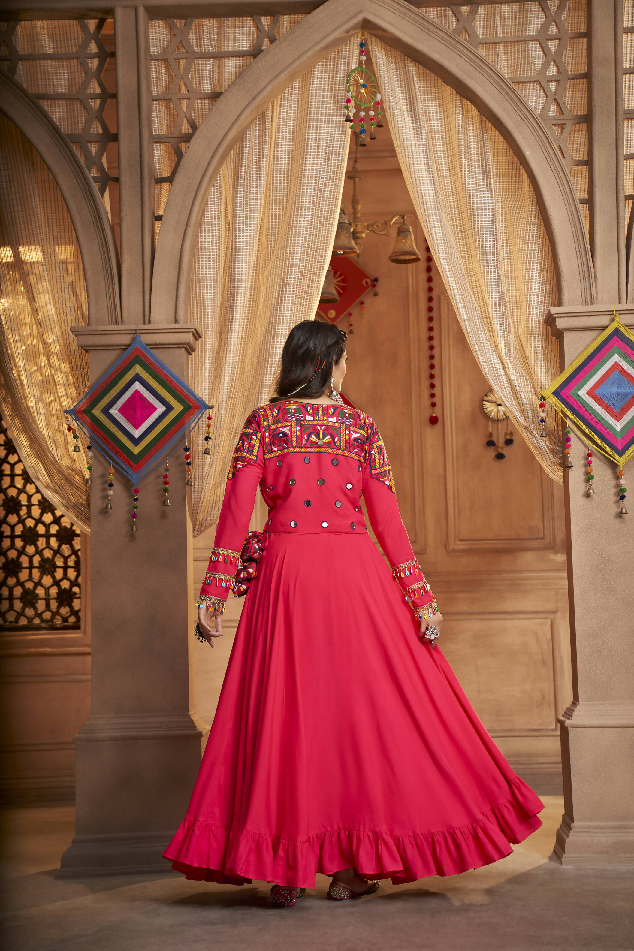 Rani Pink Viscose Rayon Thread Embroidered Work With Mirror All Over Navratri Lehenga Choli With Dupatta - Raas