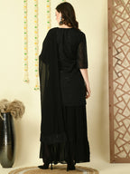 Myshka Women's Black Georgette Kurti & Skirt With Dupatta Party Sets