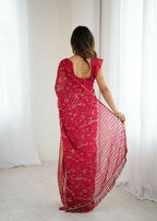 PR Fashion Pink Georgette Patta Plain With Foil Work And Small Lace And Zalar Lace Saree