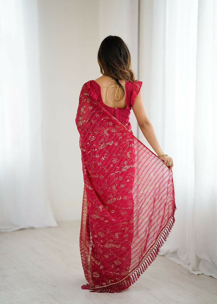 PR Fashion Pink Georgette Patta Plain With Foil Work And Small Lace And Zalar Lace Saree