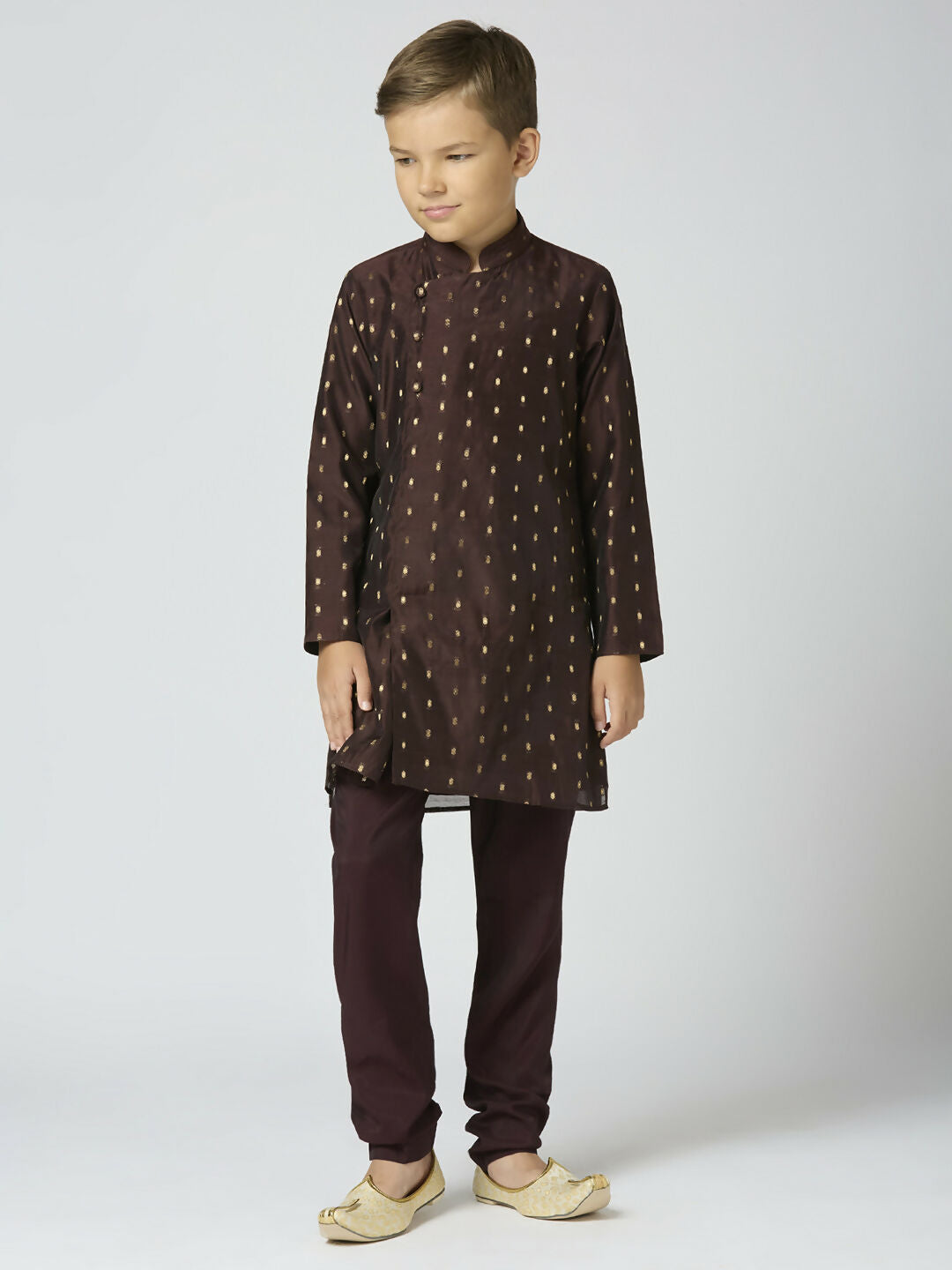 Joban Fashion Kids Island Full Sleeves Chanderi Kurta, Pyjama Set with Traditional Butta Work - Brown - Distacart