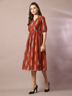 Myshka Women's Rust Printed Cotton V-Neck Empire Party Dress - Distacart
