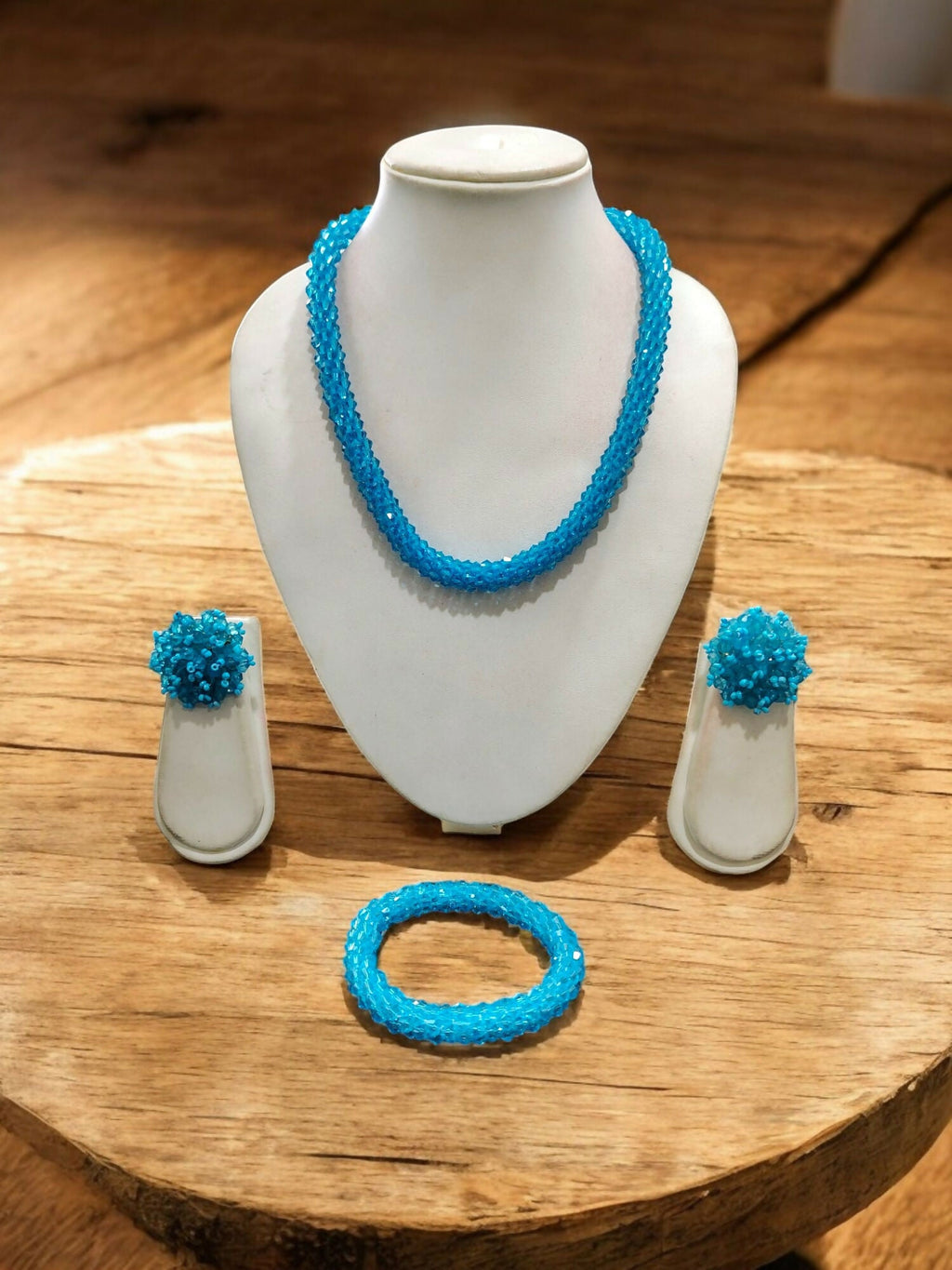 Inhanns Complete Look Crystal Statement 3-Piece Set (Adjustable Necklace + Earrings + Adjustable Bangle ) - Sky Blue