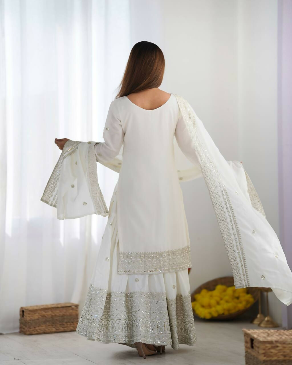 Joban Fashion White Kurta Set Silk Sequins , Zari, Coding & Thread Embroidered work - Distacart
