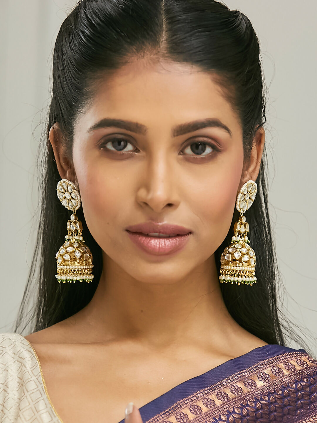 Nuyug 22K Gold-Plated Kundan Stone Studded & Pearl Beaded Dome Shaped Jhumkas - Distacart