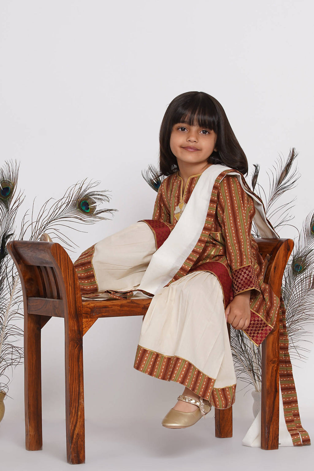 Little Bansi Girls Cotton Kurta frock with Sharara & Dupatta - Brown & Cream