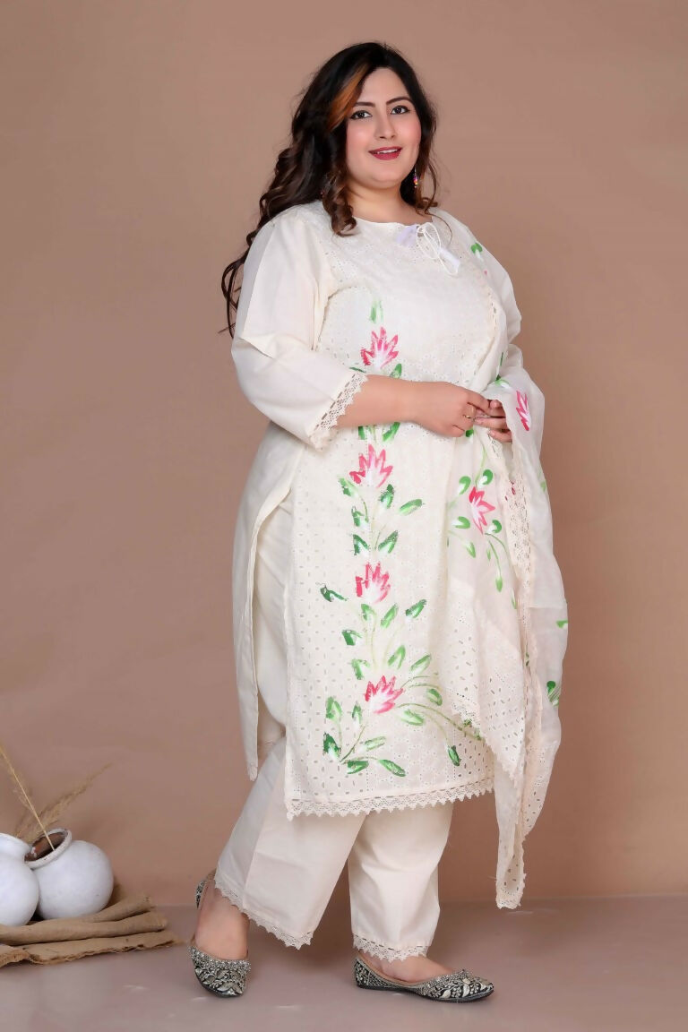 Miravan Women's Plus Size Cream Ethnic Motifs Hand Block Cotton Pakistani Kurta Palazzo With Dupatta