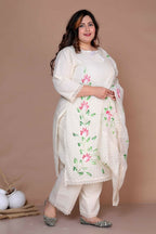 Miravan Women's Plus Size Cream Ethnic Motifs Hand Block Cotton Pakistani Kurta Palazzo With Dupatta