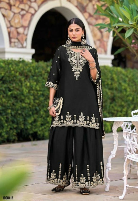 Anaita Black Chinon Readymade Palazzo Suit with Heavy Embroidery Work