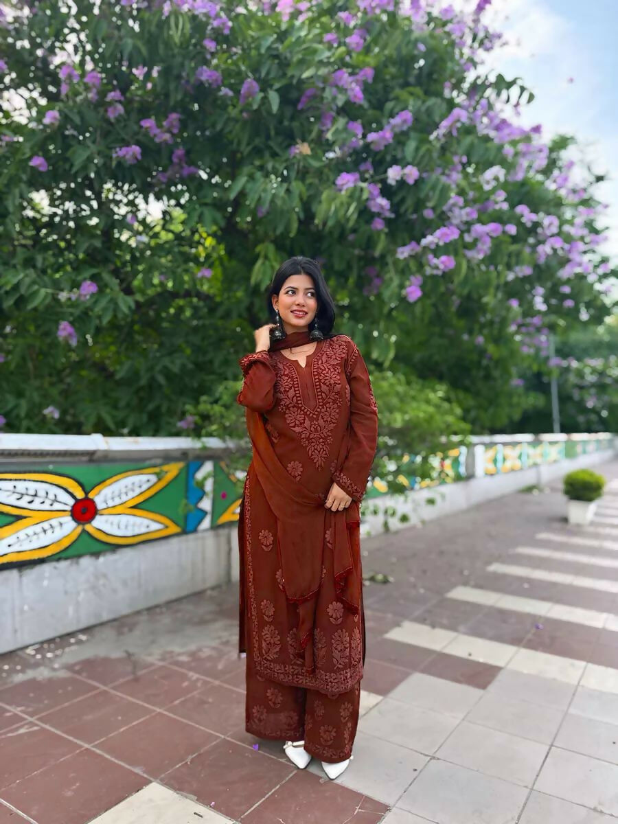 Joban Fashion Maroon Georgette Embroidery Sequence Work Readymade Kurta Set - Distacart
