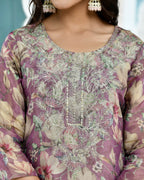 Vaasva Women's Purple Tissue Embroidered Suit Set With Solid Pant And Embroidered Dupatta