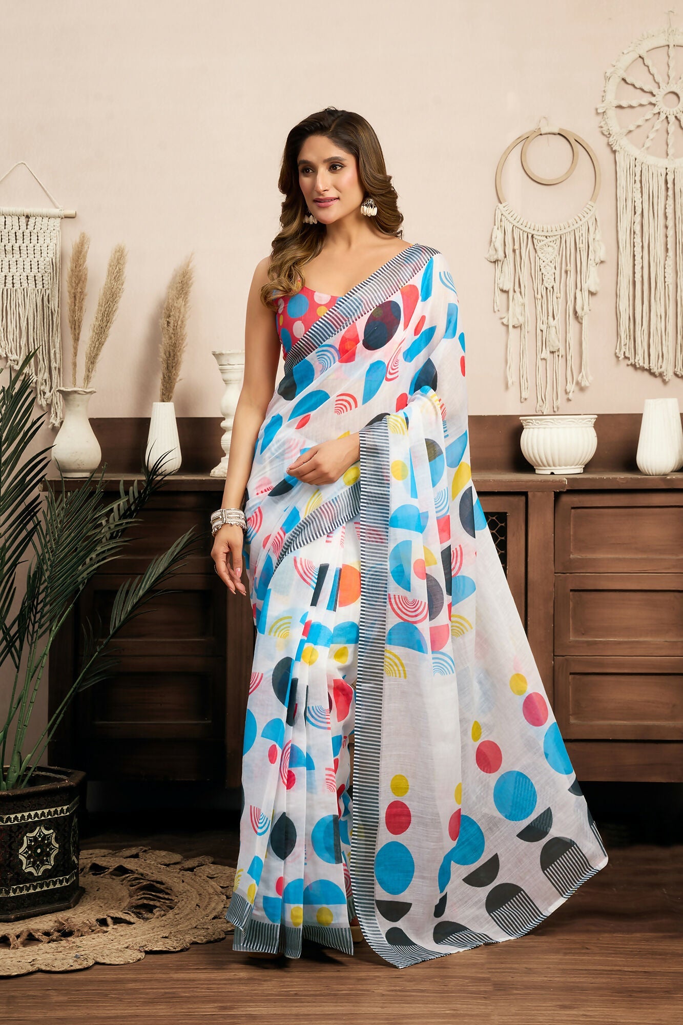 Vastranavya Multicolor Digital Printed Linen Ready To Wear Designer Saree with Unstitched Blouse - Distacart
