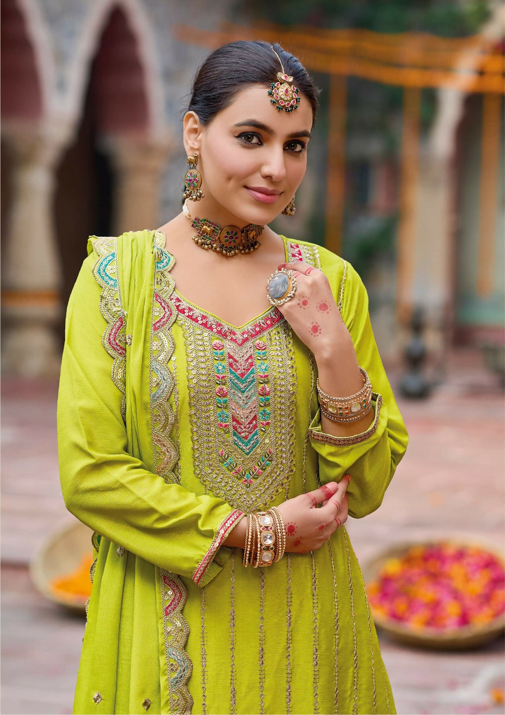 Anaita Lime Yellow Premium Embroidery Dhaga Sequin Work Ready Made Suit - Distacart