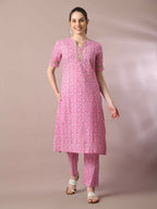 Myshka Women's Pink Printed Cotton Straight Party Kurta Set