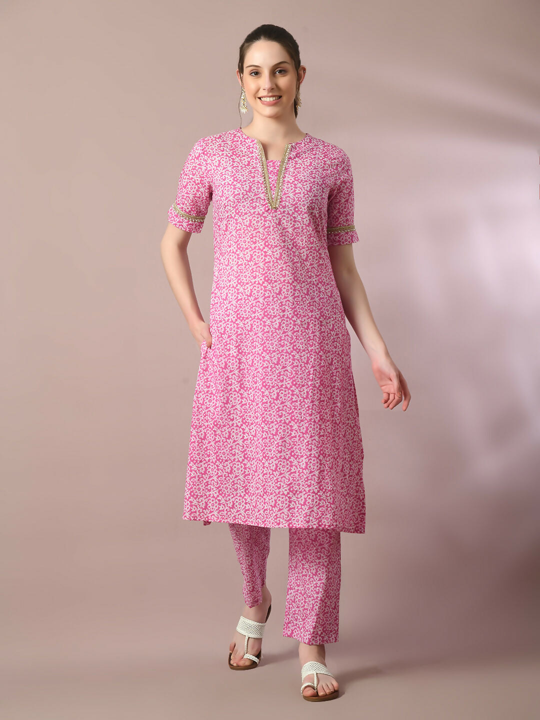 Myshka Women's Pink Printed Cotton Straight Party Kurta Set
