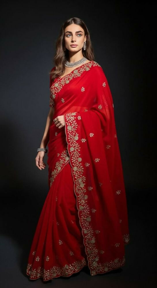 Joban Fashion Red Fandy Satin Silk Party Wear Sarees - Distacart