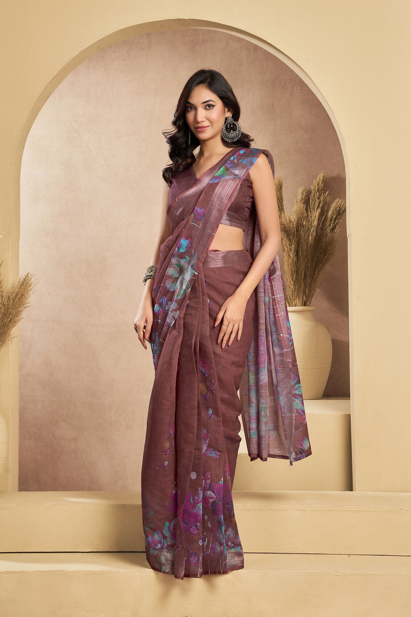 Vastranavya Coffee Digital Printed Linen Ready To Wear Designer Saree with Unstitched Blouse - Distacart