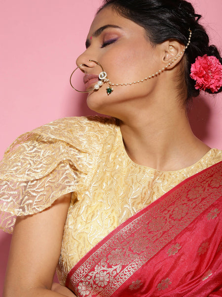 Gold-Polished White Green Kundan-Studded Pearl Beaded Nosepin - Ruby Raang