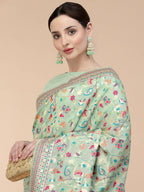 Sea Green Silk Blend Woven Design Saree With Unstitched Blouse Piece - Aloki