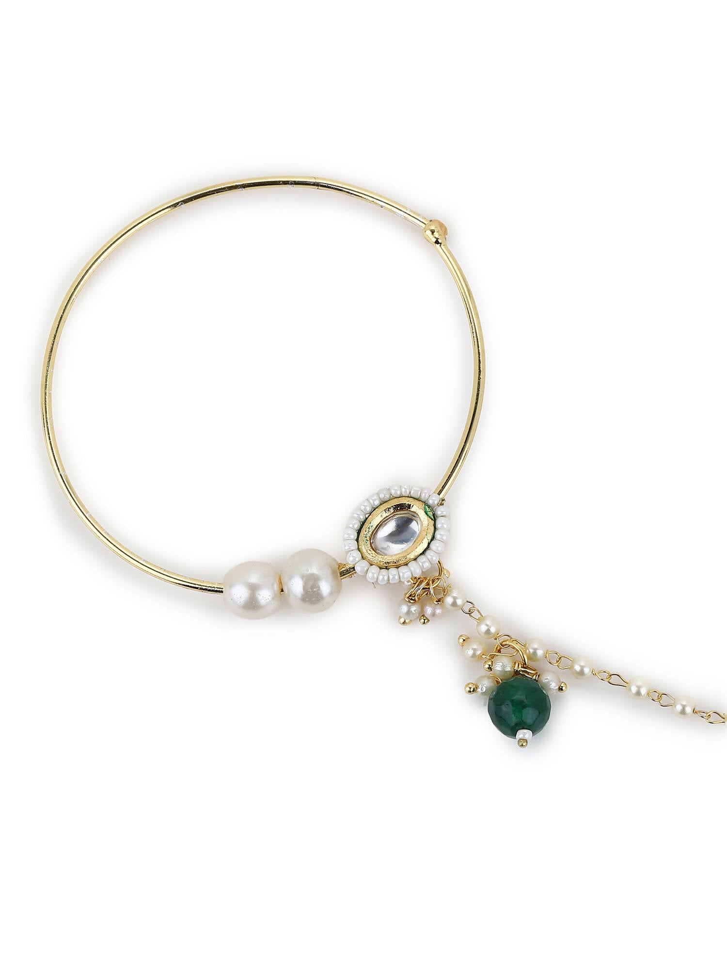 Gold-Plated White Green Kundan-Studded Pearl Beaded Nosepin - Ruby Raang - Distacart