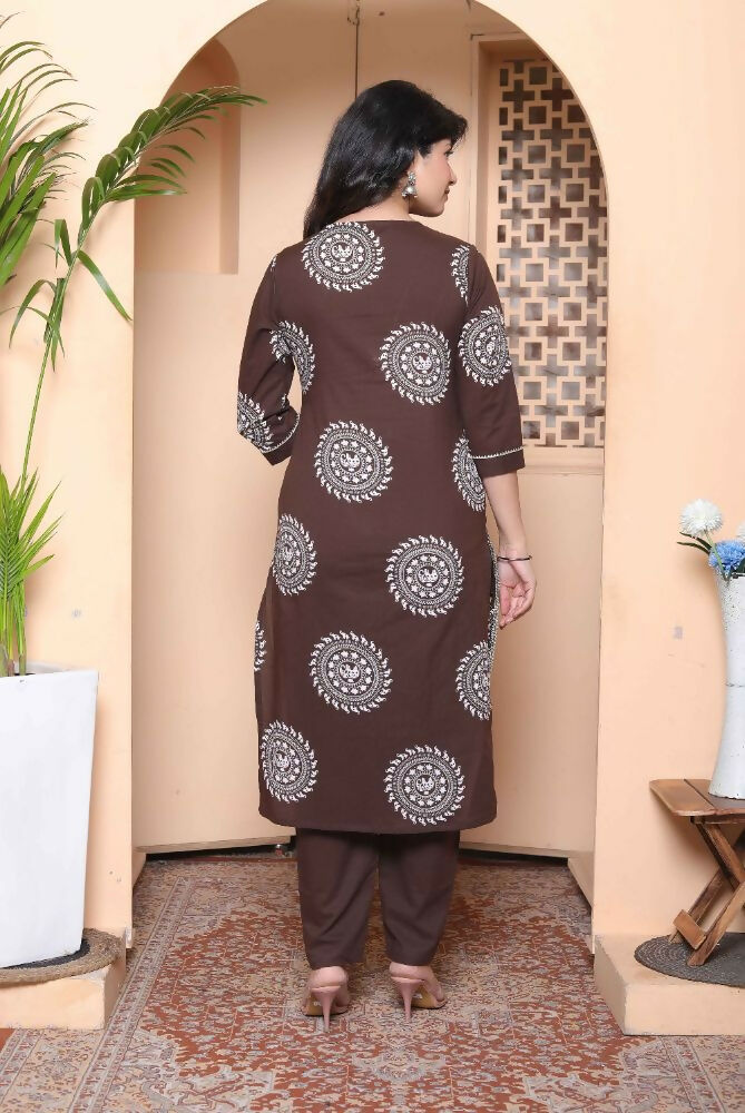 Miravan Womens Animal Print Cotton Brown Stitched Kurta Palazzo With Dupatta Set - Distacart