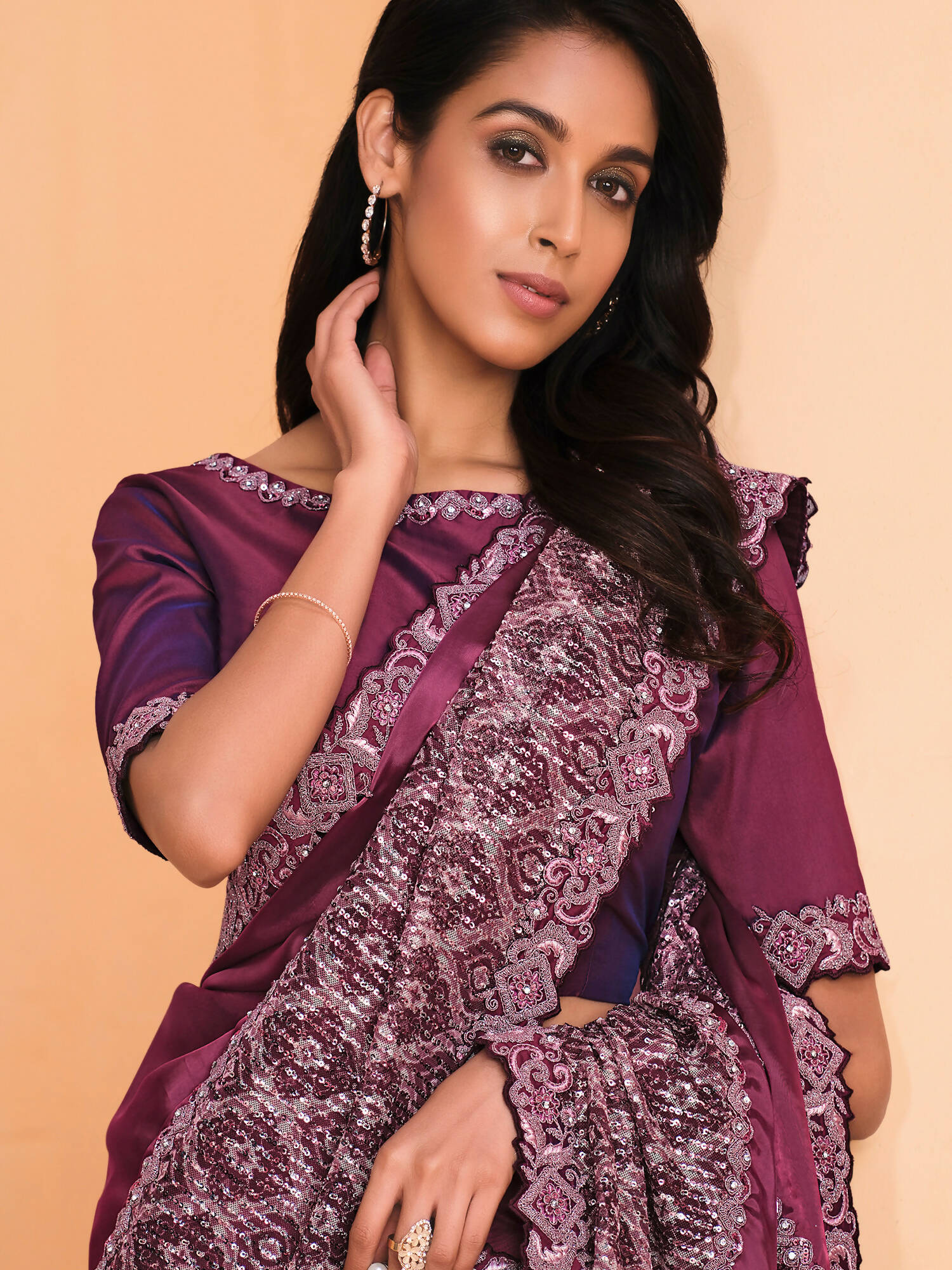 Maroon Satin Crepe Silk Sequence Embroidered Saree With Unstitched Blouse - Mohmanthan Yavanika