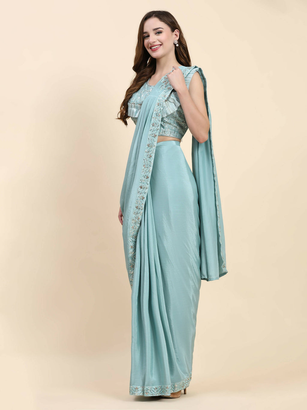 Sky Blue Silk Satin Solid Ready to wear Saree with stitched Blouse - Satiksha