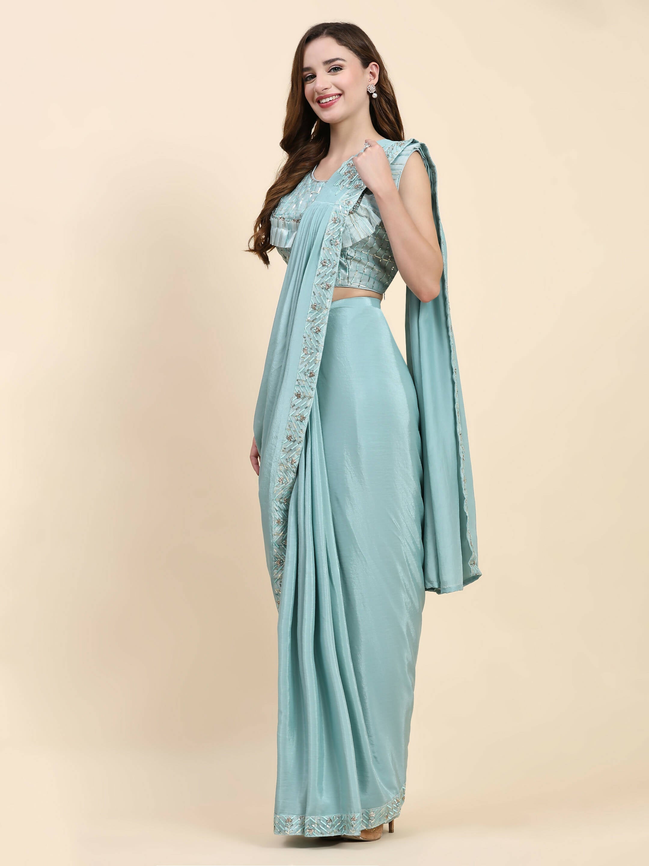 Sky Blue Silk Satin Solid Ready to wear Saree with stitched Blouse - Satiksha