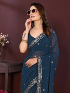 Ai Fashion Teal Soft Georgette Embroidery Party Wear Saree - Distacart