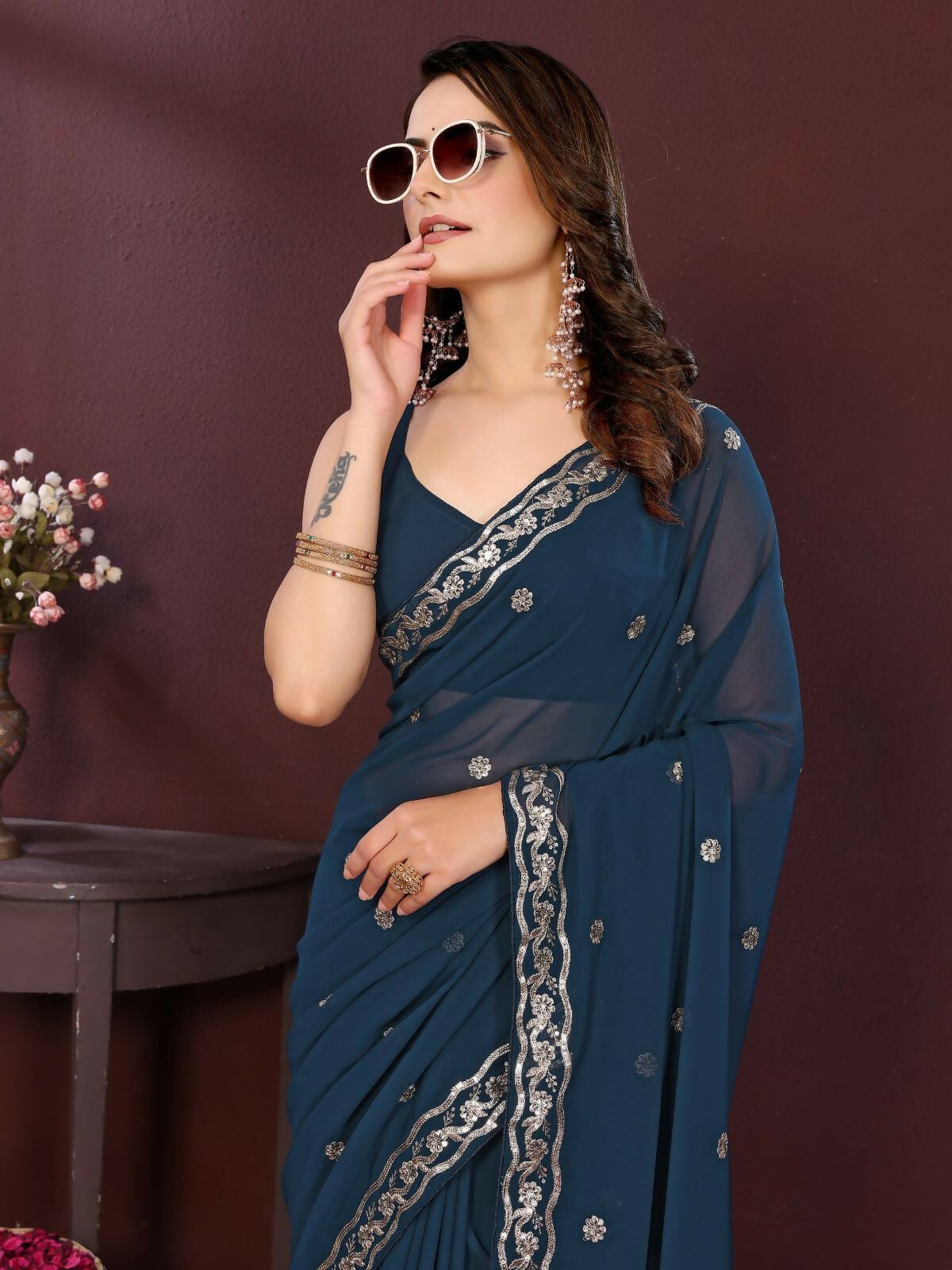 Ai Fashion Teal Soft Georgette Embroidery Party Wear Saree - Distacart