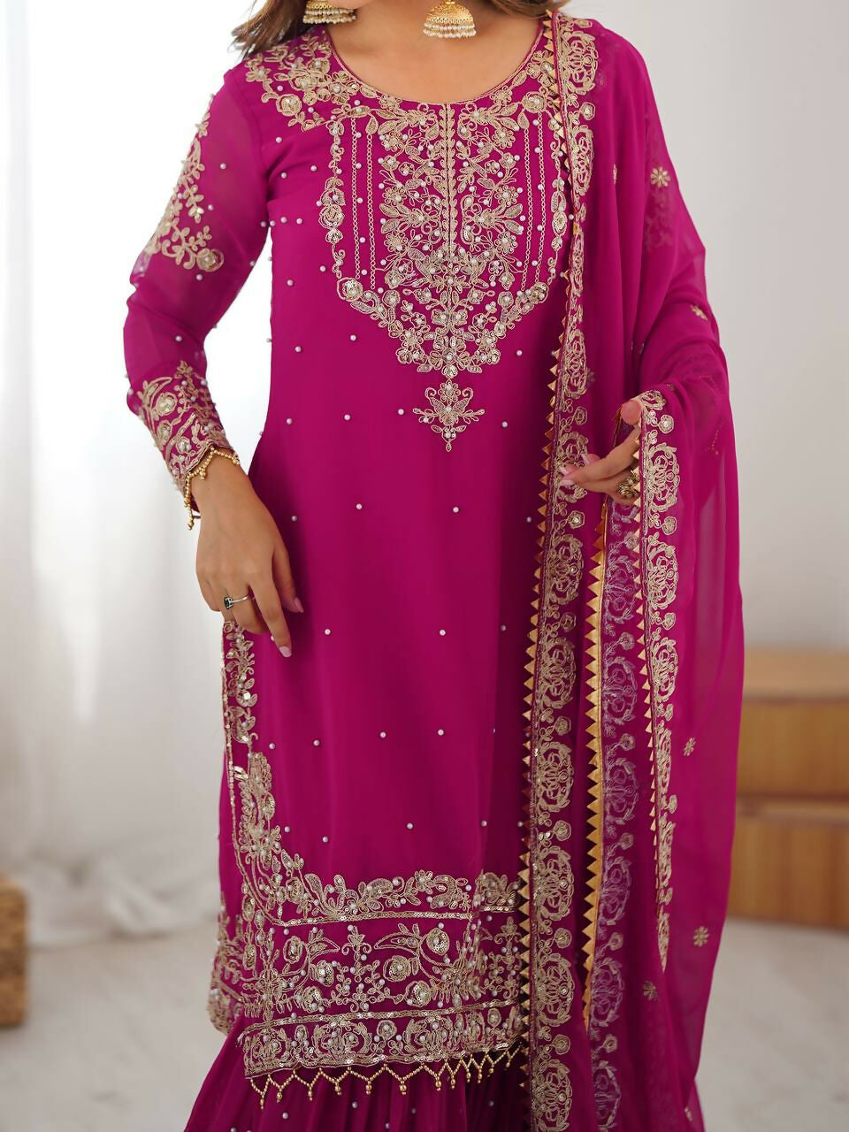 The52 Women's Beautiful Faux Georgette Fabric Embroidery Work Straight Kurt Sharara and Dupatta Set - Distacart